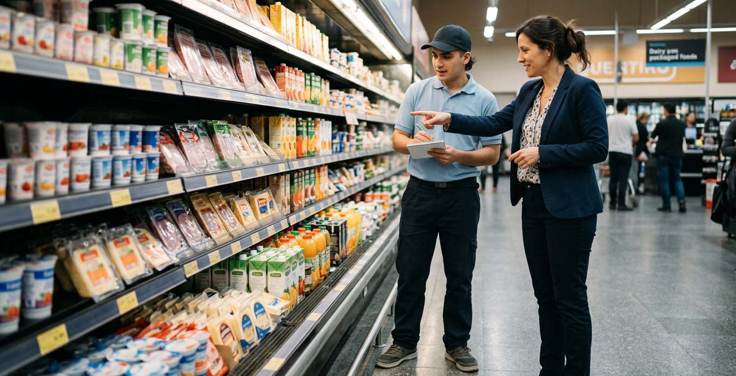 Supervisor capacitando y acompañando a un promotor en el punto de venta, representando estrategias de formación, apoyo y desarrollo para mejorar la retención de equipos de Trade Marketing