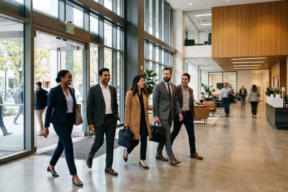 Profesionales en un entorno corporativo moderno, representando cómo el Recruitment Process Outsourcing (RPO) ayuda a atraer talento calificado y generar una ventaja competitiva para las organizaciones
