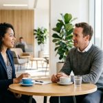 Dos personas mantienen una conversación individual en un entorno corporativo, con cuaderno y café sobre una mesa, reflejando un proceso de coaching empresarial.