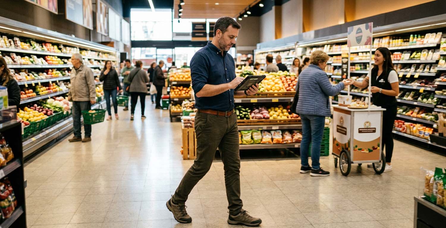 Supervisor utilizando una herramienta digital para monitorear actividades en el punto de venta, representando la supervisión y coordinación eficiente de equipos de campo en operaciones comerciales y de Trade Marketing