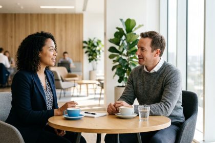 Dos personas mantienen una conversación individual en un entorno corporativo, con cuaderno y café sobre una mesa, reflejando un proceso de coaching empresarial.