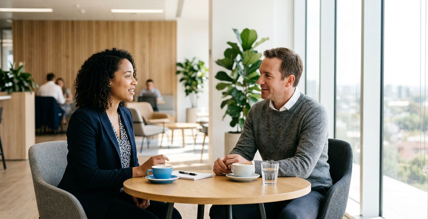 Dos personas mantienen una conversación individual en un entorno corporativo, con cuaderno y café sobre una mesa, reflejando un proceso de coaching empresarial.