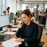 Profesional de reclutamiento utilizando herramientas digitales en una oficina corporativa para identificar talento y responder a las nuevas tendencias del mercado laboral