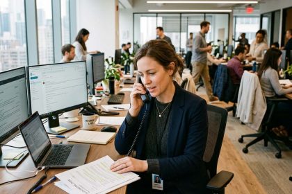 Profesional de reclutamiento utilizando herramientas digitales en una oficina corporativa para identificar talento y responder a las nuevas tendencias del mercado laboral