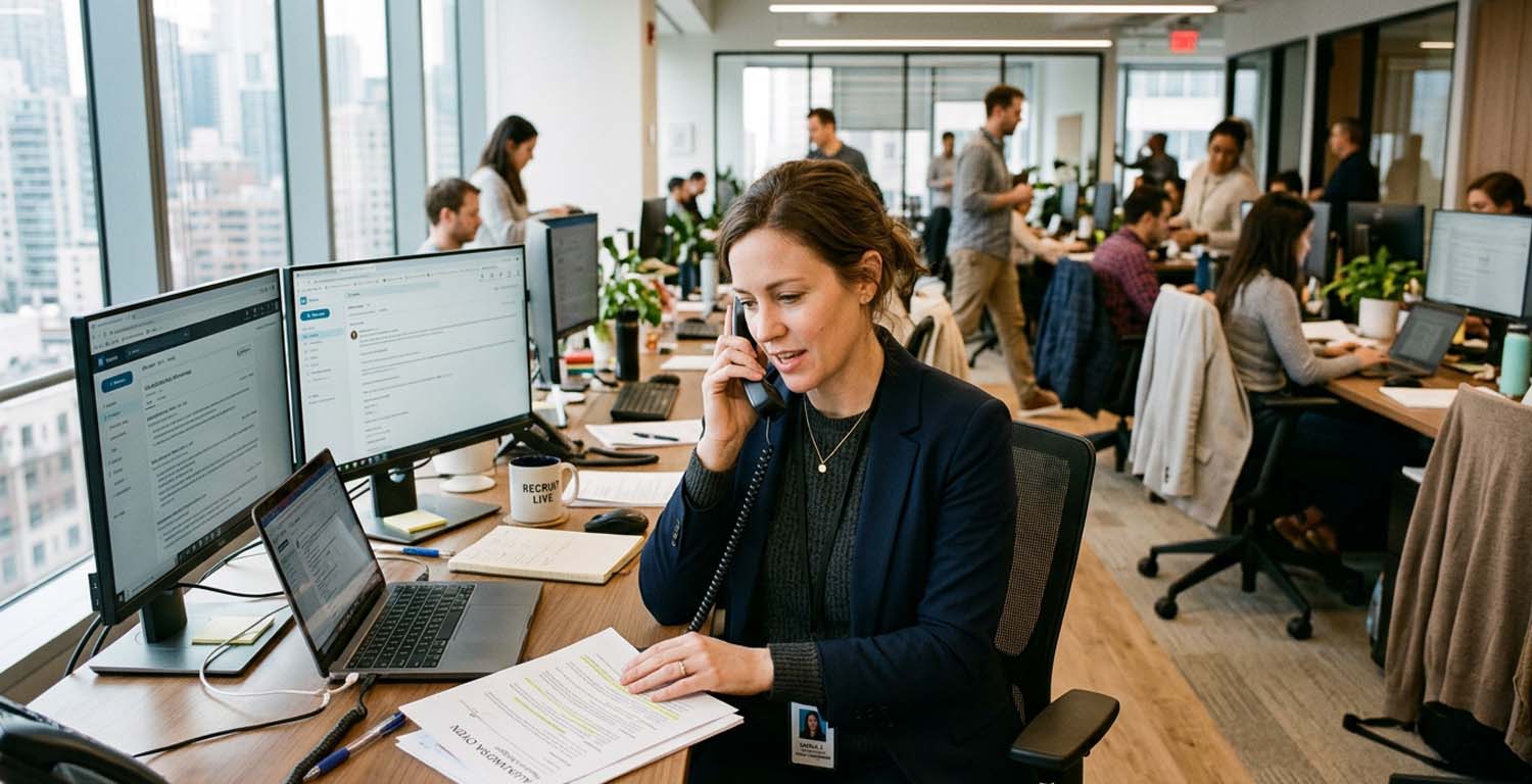Profesional de reclutamiento utilizando herramientas digitales en una oficina corporativa para identificar talento y responder a las nuevas tendencias del mercado laboral