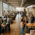 Oficina de planta abierta con personas trabajando, reunidas en grupos y compartiendo espacios de colaboración, en un entorno de aprendizaje y desarrollo organizacional