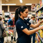 Colaborador organizando productos en una góndola de supermercado, representando la ejecución eficiente en el punto de venta para mejorar el desempeño de la fuerza de ventas y maximizar la disponibilidad y visibilidad de los productos
