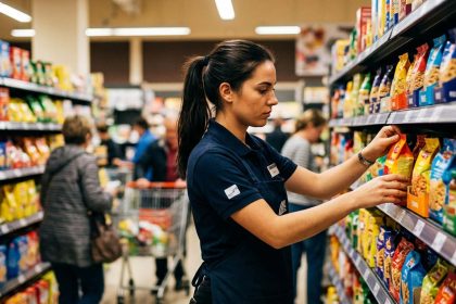 Colaborador organizando productos en una góndola de supermercado, representando la ejecución eficiente en el punto de venta para mejorar el desempeño de la fuerza de ventas y maximizar la disponibilidad y visibilidad de los productos