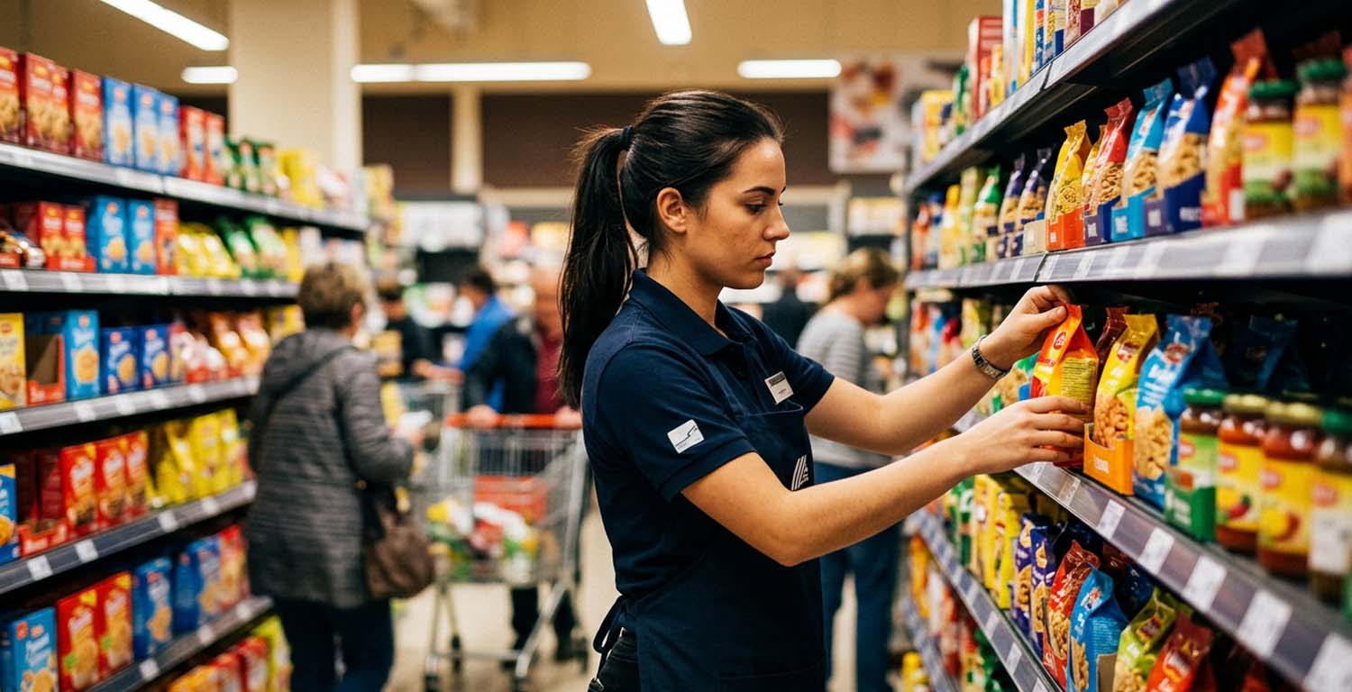 Colaborador organizando productos en una góndola de supermercado, representando la ejecución eficiente en el punto de venta para mejorar el desempeño de la fuerza de ventas y maximizar la disponibilidad y visibilidad de los productos