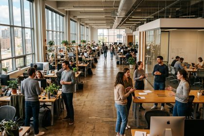 Oficina de planta abierta con personas trabajando, reunidas en grupos y compartiendo espacios de colaboración, en un entorno de aprendizaje y desarrollo organizacional