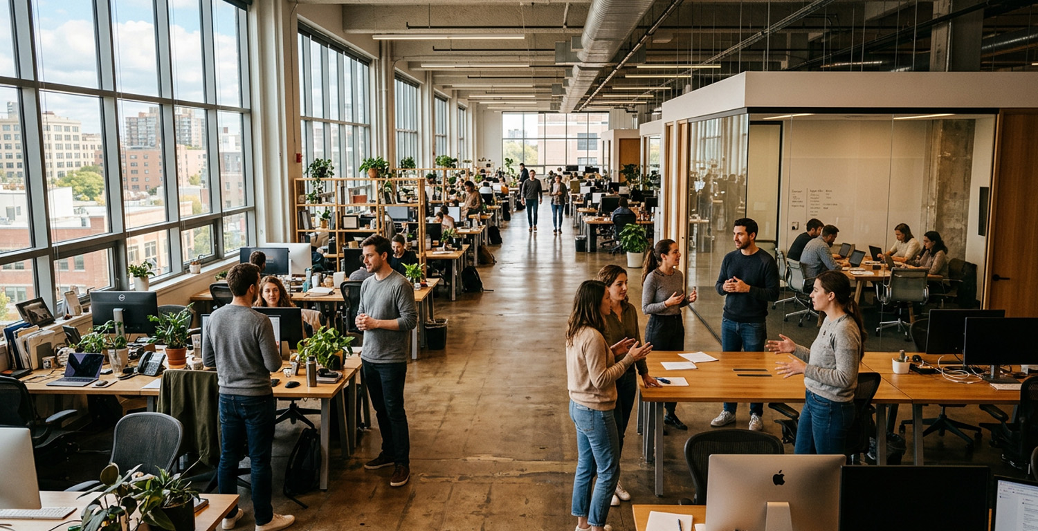 Oficina de planta abierta con personas trabajando, reunidas en grupos y compartiendo espacios de colaboración, en un entorno de aprendizaje y desarrollo organizacional