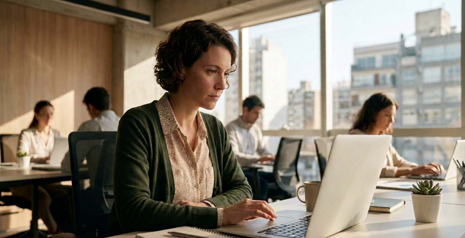 Responsable de RRHH revisando perfiles de candidatos en una oficina moderna de Buenos Aires.