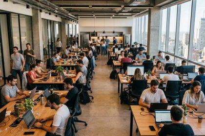 Oficina moderna argentina con profesionales trabajando, representando la competencia por talento calificado.