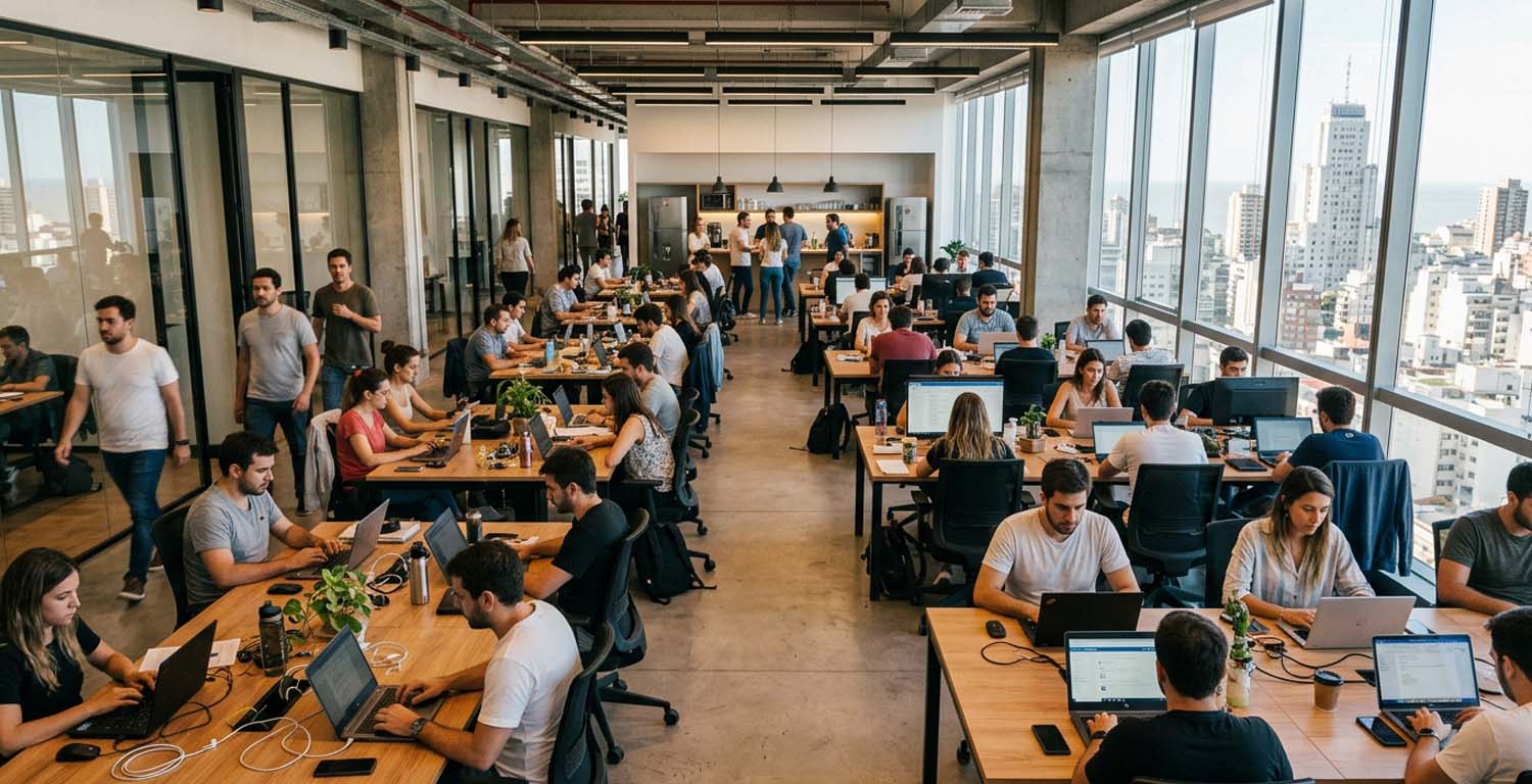 Oficina moderna argentina con profesionales trabajando, representando la competencia por talento calificado.
