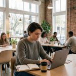 Mujer trabajando en su laptop en un espacio colaborativo, representando las competencias más demandadas por las empresas argentinas en 2026.