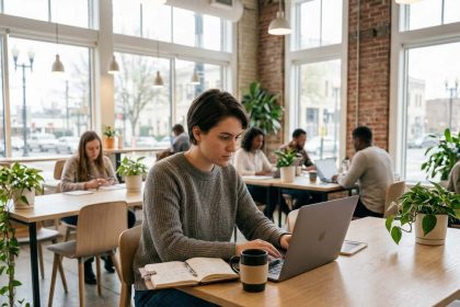 Mujer trabajando en su laptop en un espacio colaborativo, representando las competencias más demandadas por las empresas argentinas en 2026.