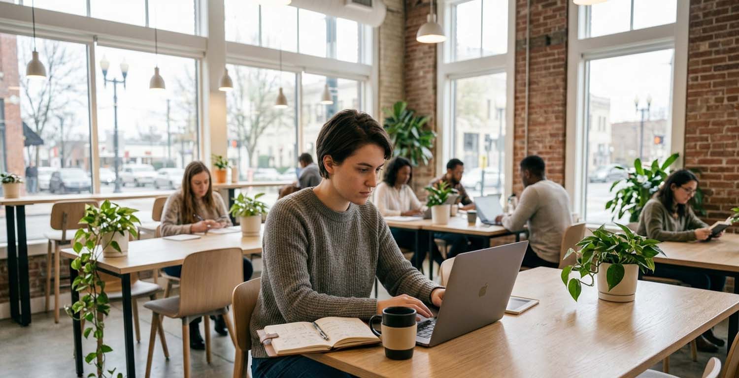 Mujer trabajando en su laptop en un espacio colaborativo, representando las competencias más demandadas por las empresas argentinas en 2026.