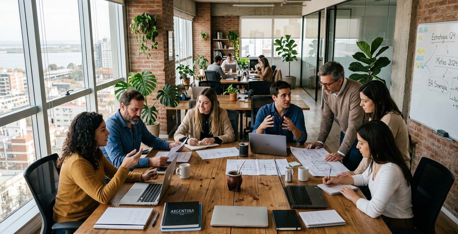 Equipo de trabajo alineado y productivo en una empresa argentina, resultado de una selección estratégica de talento.