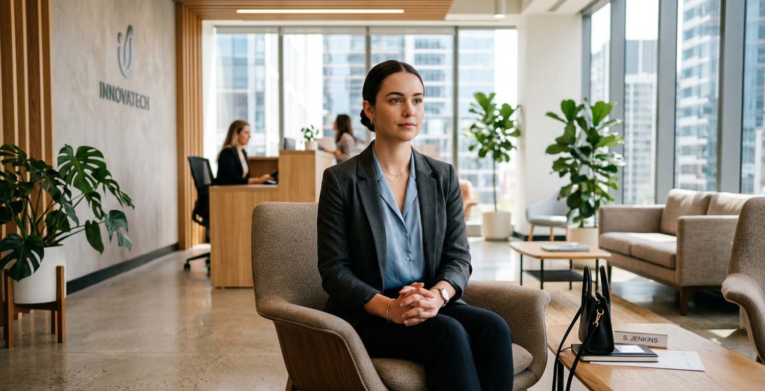 Persona esperando una entrevista laboral en una oficina corporativa, preparada para destacar en un proceso de selección.