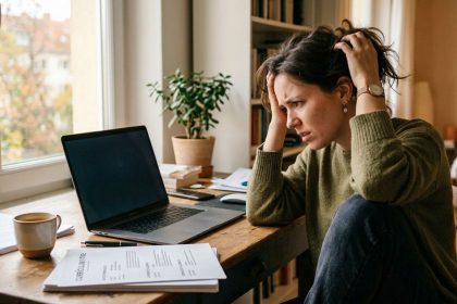 Persona revisando su currículum frente a una computadora durante una búsqueda de empleo, representando errores comunes que pueden dificultar la inserción laboral.