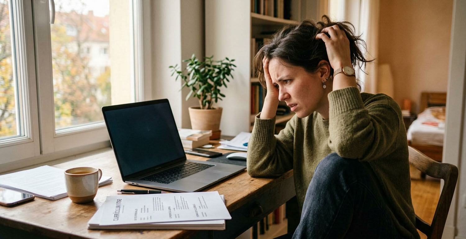 Persona revisando su currículum frente a una computadora durante una búsqueda de empleo, representando errores comunes que pueden dificultar la inserción laboral.