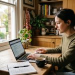 Persona buscando empleo en línea y organizando su estrategia de búsqueda laboral desde la cocina de su su hogar.