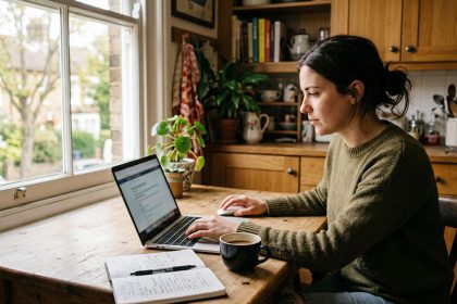 Persona buscando empleo en línea y organizando su estrategia de búsqueda laboral desde la cocina de su su hogar.
