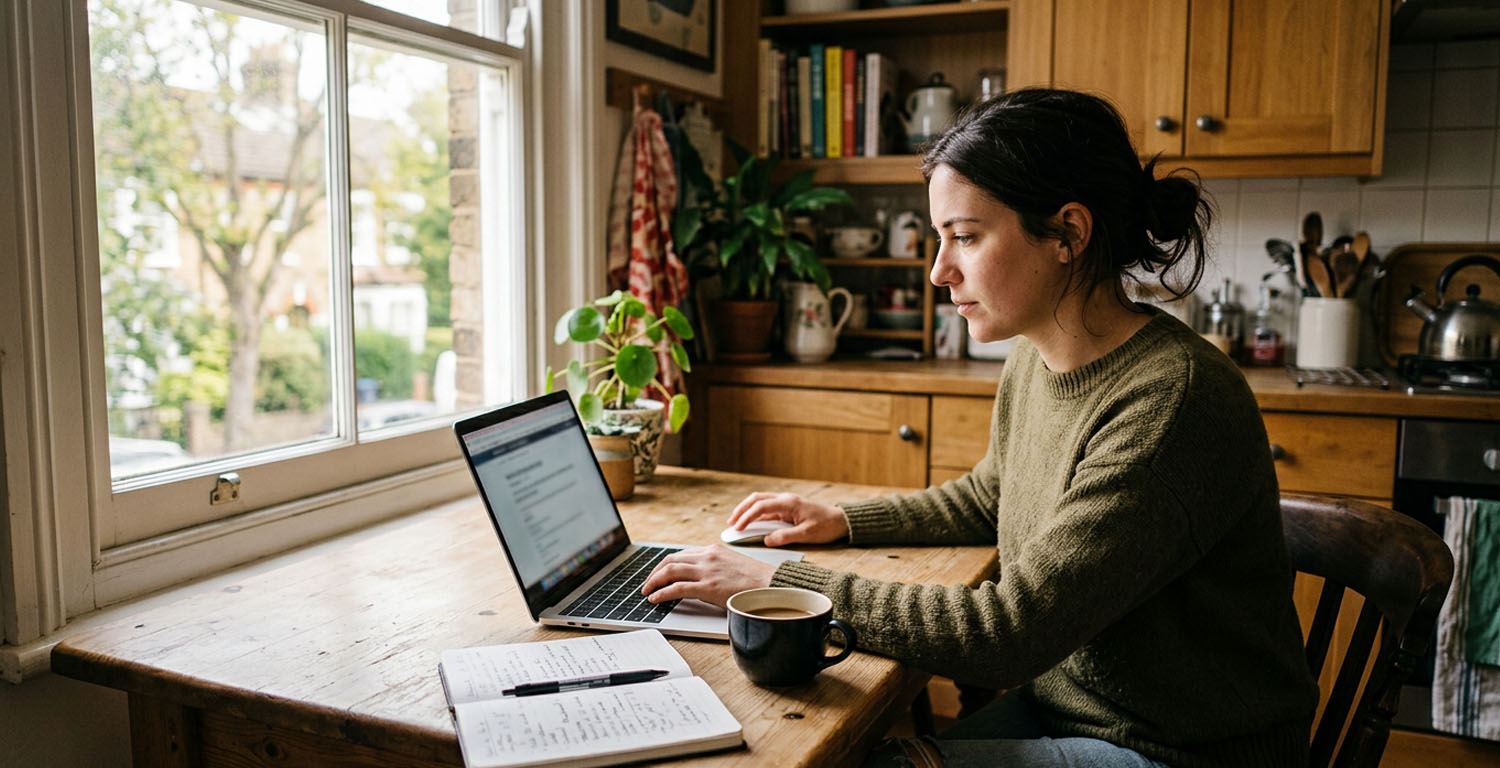 Persona buscando empleo en línea y organizando su estrategia de búsqueda laboral desde la cocina de su su hogar.