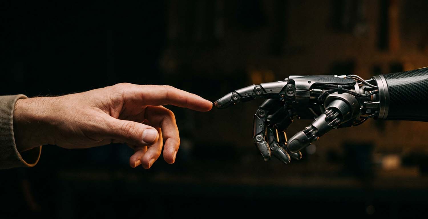 Mano humana y mano robótica acercándose como símbolo de la colaboración entre personas e inteligencia artificial, para ilustrar los nuevos empleos generados por la IA.