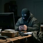 Persona con pasamontañas frente a una computadora sosteniendo un telefono representando una estafa vinculada a una oferta laboral falsa.