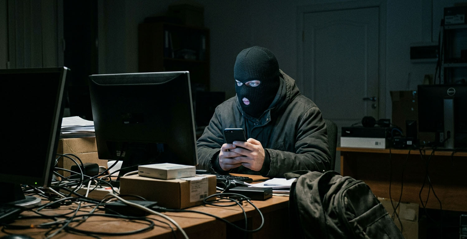 Persona con pasamontañas frente a una computadora sosteniendo un telefono representando una estafa vinculada a una oferta laboral falsa.