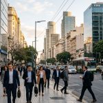 Profesionales y trabajadores circulando por el centro de Buenos Aires, reflejando la evolución y las tendencias del mercado laboral argentino en 2026.