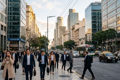 Profesionales y trabajadores circulando por el centro de Buenos Aires, reflejando la evolución y las tendencias del mercado laboral argentino en 2026.