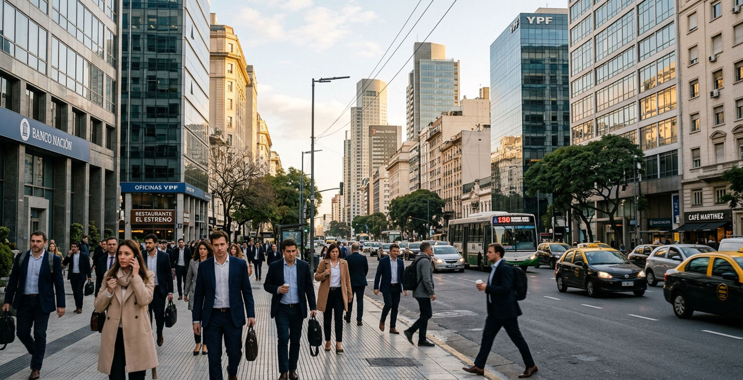 Profesionales y trabajadores circulando por el centro de Buenos Aires, reflejando la evolución y las tendencias del mercado laboral argentino en 2026.