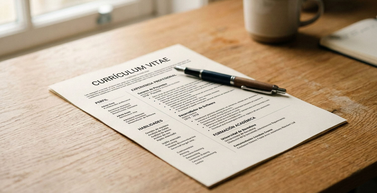 imagen de un cv sobre el escritorio y una lapicera para realizar ajustes, representando la idea de mentir en el cv