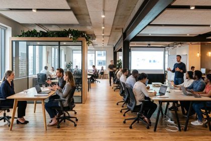 Oficina tecnológica moderna con una entrevista de trabajo en un lado y una sesión de capacitación en el otro, representando las dos estrategias para gestionar la escasez de talento IT