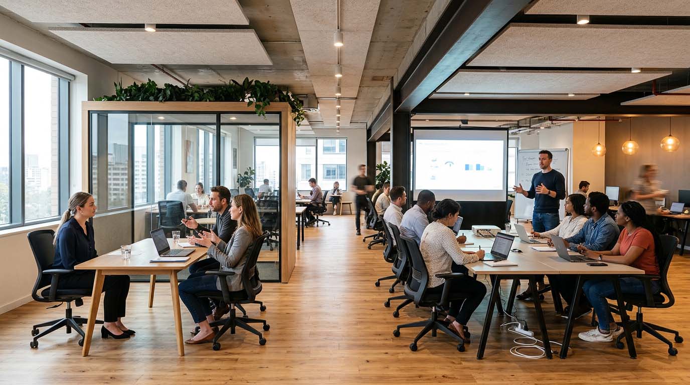 Oficina tecnológica moderna con una entrevista de trabajo en un lado y una sesión de capacitación en el otro, representando las dos estrategias para gestionar la escasez de talento IT