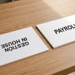 cartones sobre una mesa con texto payroll al derecho y gestión in house al reves}, para ilustrar las posibilidades de elección en gestion de nomina