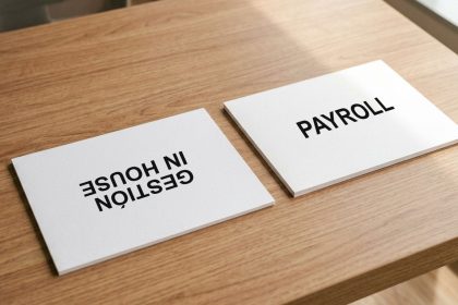 cartones sobre una mesa con texto payroll al derecho y gestión in house al reves}, para ilustrar las posibilidades de elección en gestion de nomina