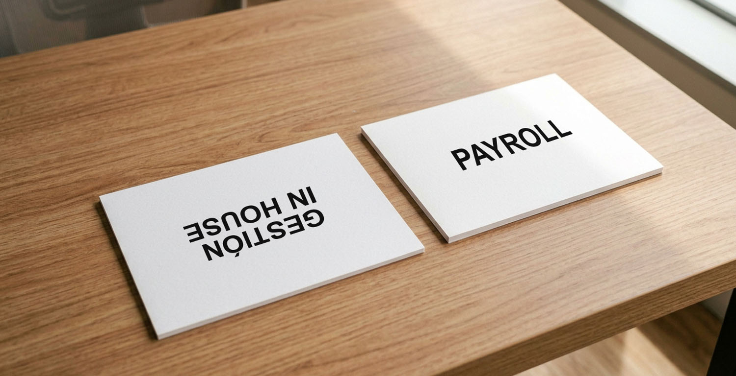 cartones sobre una mesa con texto payroll al derecho y gestión in house al reves}, para ilustrar las posibilidades de elección en gestion de nomina