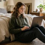 Joven chequeando su laptop en la habitación para ilustrar qué poner en tu CV cuando no tenés experiencia laboral