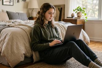 Joven chequeando su laptop en la habitación para ilustrar qué poner en tu CV cuando no tenés experiencia laboral