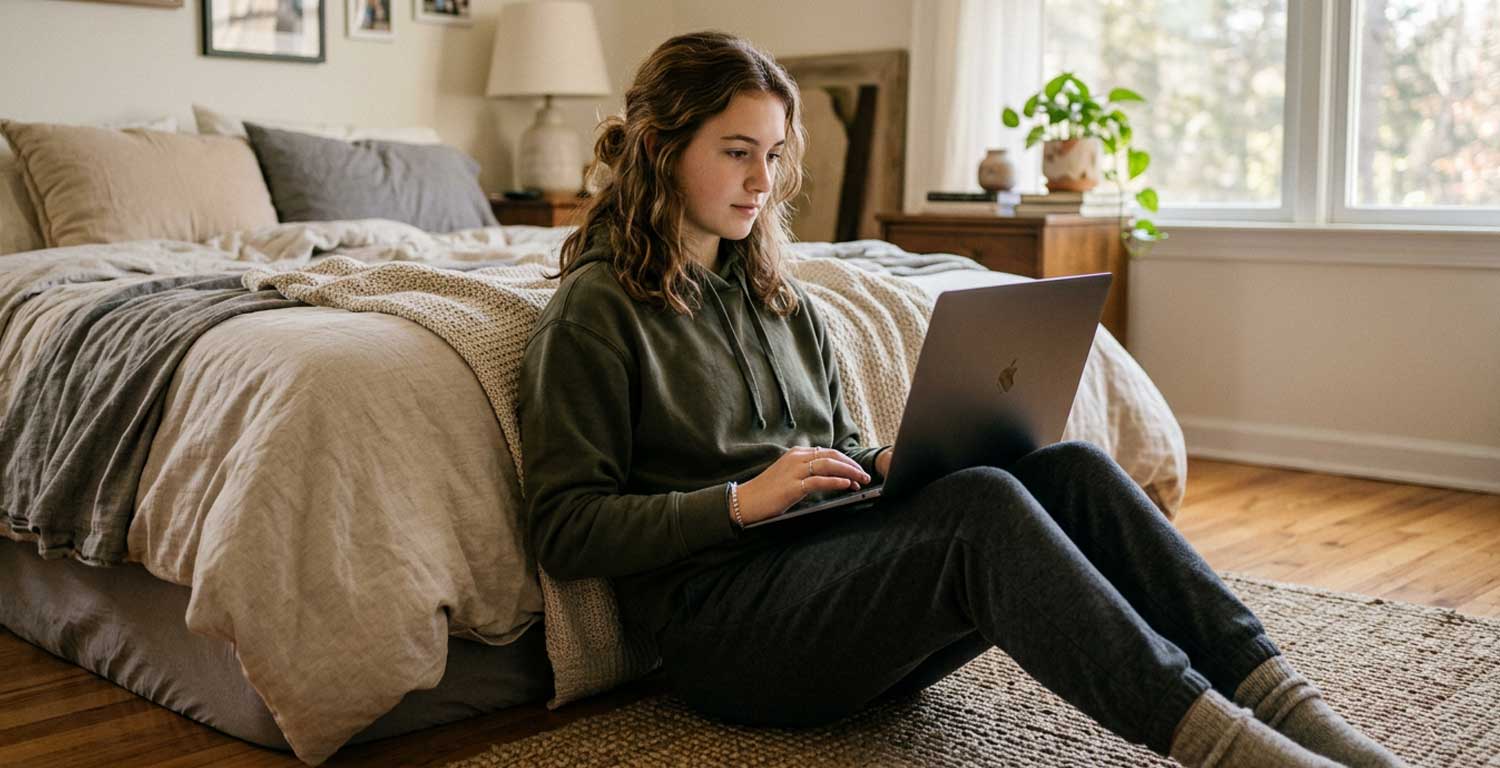 Joven chequeando su laptop en la habitación para ilustrar qué poner en tu CV cuando no tenés experiencia laboral