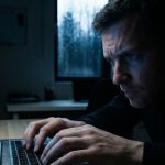 Persona tecleando en una laptop en un entorno oscuro, representando los nuevos riesgos digitales y ciberataques impulsados por la inteligencia artificial