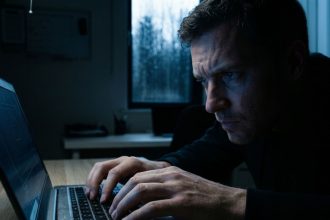 Persona tecleando en una laptop en un entorno oscuro, representando los nuevos riesgos digitales y ciberataques impulsados por la inteligencia artificial