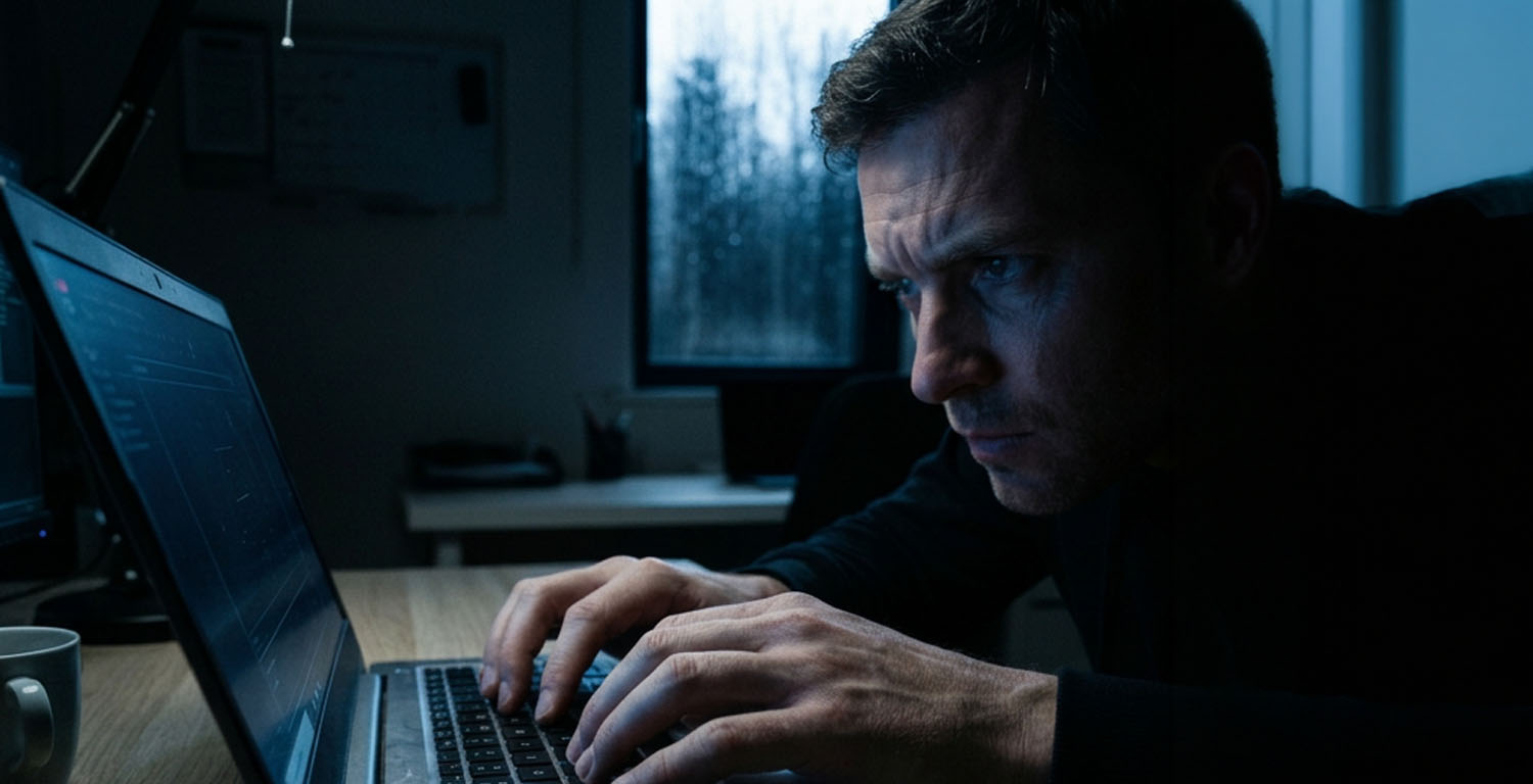 Persona tecleando en una laptop en un entorno oscuro, representando los nuevos riesgos digitales y ciberataques impulsados por la inteligencia artificial