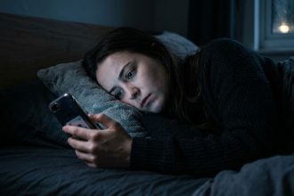 mujer en penumbras en la cama mirando el teléfono, representando la dificultad para la desconexión laboral