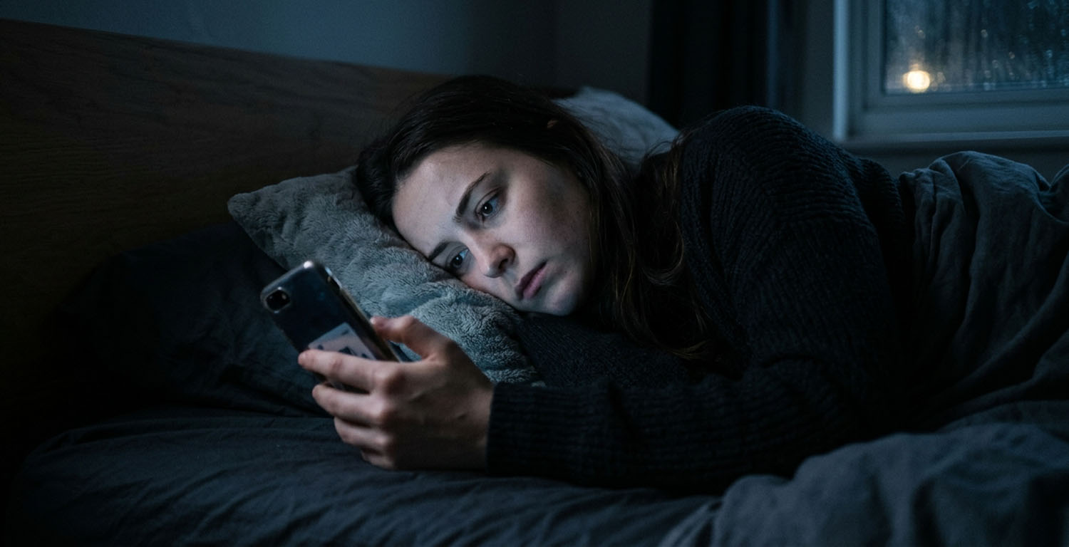 mujer en penumbras en la cama mirando el teléfono, representando la dificultad para la desconexión laboral