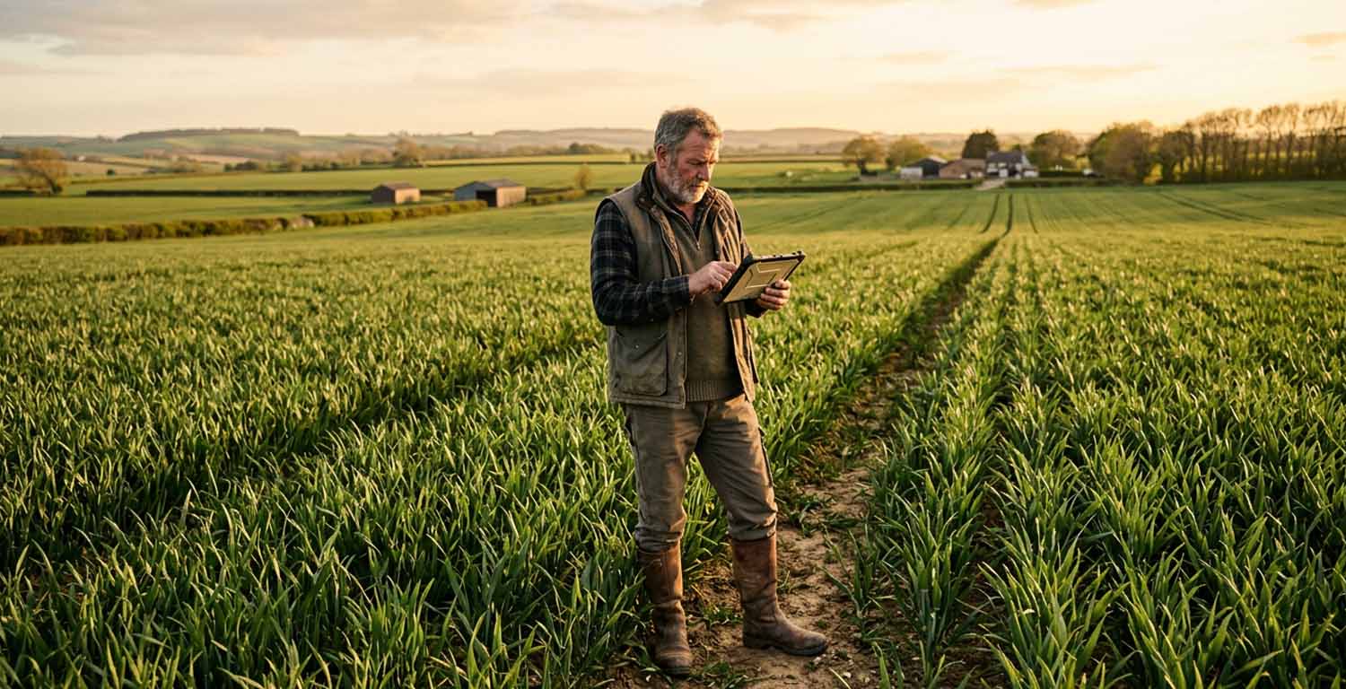 trabajador rural observando una tablet en un campo sembrado