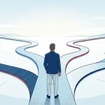 ilustracion de hombre frente a multiples caminos para representar las posibilidades actuales del desarrollo profesional que ya no se mide solo en ascensos o cambios de puestos